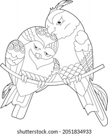 Cute parrots. Doodle style, black and white background. Funny birds, coloring book pages. Hand drawn illustration in zentangle style for children and adults, tattoo.