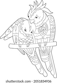 Cute parrots. Doodle style, black and white background. Funny birds, coloring book pages. Hand drawn illustration in zentangle style for children and adults, tattoo.