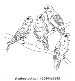 cute parrots sitting on a branch doodle hand drawn linear vector illustration