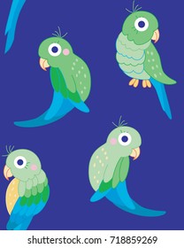 Cute parrots vector pattern for kids on blue background. Vector print. Seamless pattern for fabric or wallpaper. Vector seamless background.