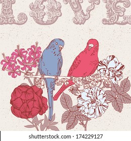 Cute parrots in vector. Stylish Valentine card.