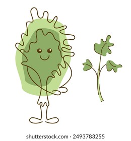 Cute parsley character and greenery. Vector hand drawn illustration.