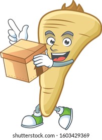Cute parsnip cartoon character style holding a box