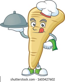 Cute parsnip as a Chef with hat and tray cartoon style design