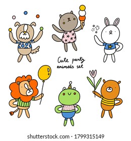 Cute party animals illustration, dog, cat, bear, bunny rabbit, lion and frog, vector collection