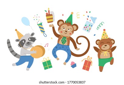 Cute party animals jumping with joy. Funny birthday card or invitation design. Bright vector illustration with sweet characters for kids. Holiday background for children
