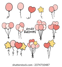 Cute Party Balloon Doodle Cartoon Drawings in Pastel Colors. Perfect for children's birthdays and other festive celebrations.