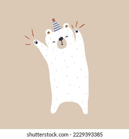 Cute  party bear with a party hat. White cartoon bear great for apparel prints, poster, cards. Vecto illustration