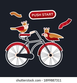 Cute Party Bird Pack. Modern Flat Vector Concept Illustrations. Kinds of Party Birds with Crown on Old-fashioned Bicycle and Push Start Button. Social Media Ads.