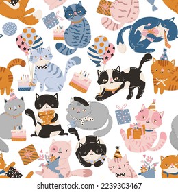 Cute Party Cat Birthday theme  seamless pattern Vector illustration , Design for fashion , Kids, Child ,fabric, textile, wallpaper, cover, web , wrapping and all prints 
