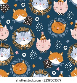 Cute Party Cat Birthday theme  seamless pattern Vector illustration , Design for fashion , Kids, Child ,fabric, textile, wallpaper, cover, web , wrapping and all prints 
