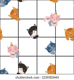 Cute Party Cat on Grid line check  seamless pattern Vector illustration , Design for fashion , Kids, Child ,fabric, textile, wallpaper, cover, web , wrapping and all prints 