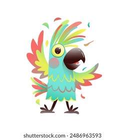 Lindo loro colorido de la fiesta, caricatura peculiar para los niños. Personaje de evento festivo para niños, divertido loro feliz que celebra. Vector dibujado a mano colorida ilustración de diseño de personajes para la fiesta de los niños.