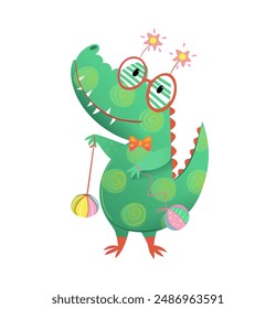 Cute party crocodile playing with toys and wearing fun glasses. Festive event character for children, funny happy playful alligator. Vector hand drawn colorful character design illustration for kids.