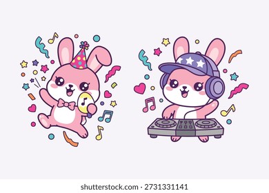 Cute Party Osterhase Gesang und DJ Bunny Musik Kawaii Vektor Set

