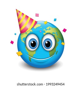 Cute party emoji, happy face with birthday hat and confetti - isolated vector illustration