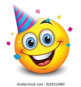 Cute party emoji, happy face with birthday hat and confetti - isolated vector illustration