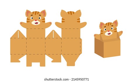 Cute party favor box cat design for sweets, candies, small presents. Package template for any purposes, birthdays, baby shower, Christmas. Print, cut out, fold, glue. Vector stock illustration