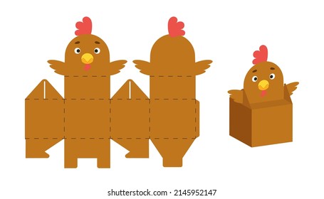 Cute party favor box chicken design for sweets, candies, small presents. Package template for any purposes, birthdays, baby shower, Christmas. Print, cut out, fold, glue. Vector stock illustration