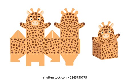 Cute party favor box giraffe design for sweets, candies, small presents. Package template for any purposes, birthdays, baby shower, Christmas. Print, cut out, fold, glue. Vector stock illustration