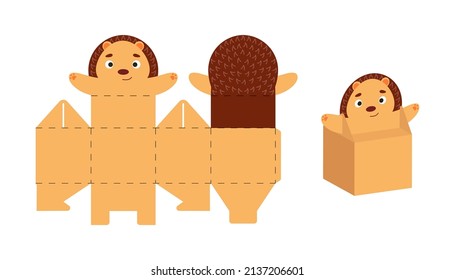 Cute party favor box hedgehog design for sweets, candies, small presents. DIY package template for any purposes, birthdays, baby shower, Christmas. Print, cutout, fold, glue. Vector stock illustration