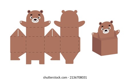 Cute party favor box otter design for sweets, candies, small presents. DIY package template for any purposes, birthdays, baby showers, Christmas. Print, cut out, fold, glue. Vector stock illustration.