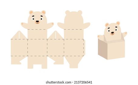 Cute party favor box polar bear design for sweets, candies, small presents. Package template for any purposes, birthdays, baby showers, Christmas. Print, cut out, fold, glue. Vector stock illustration