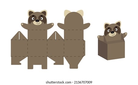 Cute party favor box raccoon design for sweets, candies, small presents. DIY package template for any purposes, birthdays, baby shower, Christmas. Print, cut out, fold, glue. Vector stock illustration