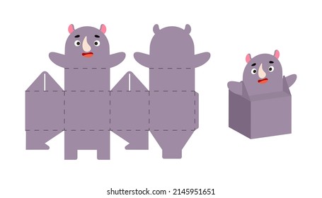 Cute party favor box rhino design for sweets, candies, small presents. Package template for any purposes, birthdays, baby shower, Christmas. Print, cut out, fold, glue. Vector stock illustration