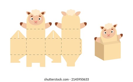 Cute party favor box sheep design for sweets, candies, small presents. Package template for any purposes, birthdays, baby shower, Christmas. Print, cut out, fold, glue. Vector stock illustration