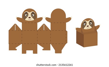 Cute party favor box sloth design for sweets, candies, small presents. DIY package template for any purposes, birthdays, baby showers, Christmas. Print, cut out, fold, glue. Vector stock illustration.