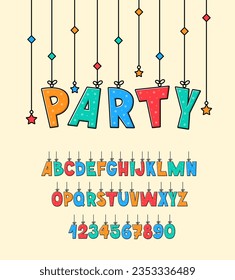 Cute Party Festive Font. Carnival Holiday Typography. Hanging Bunting Letters and Numbers.