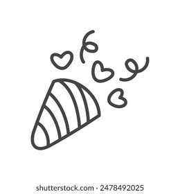 Nettes Party-Flapper-Symbol. Handgezeichnete monochrome Illustration eines festlichen Poppers mit Konfetti-Herzen isoliert auf weißem Hintergrund. Kawaii-Aufkleber. Vektorgrafik 10 EPS.