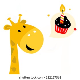 Cute party Giraffe with cupcake isolated on white