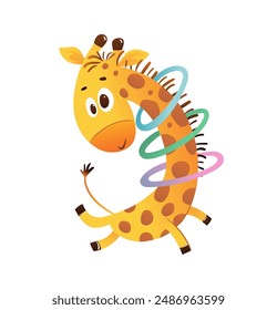 Cute party giraffe playing hula hoop. Festive event character for children, funny happy playful giraffe. Vector hand drawn colorful character design illustration for kids.