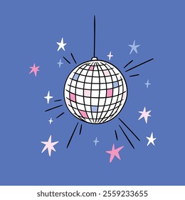 Cute party greeting card with disco ball. Vector illustration for party invitation. Preppy disco ball in cartoon style. Funny sparkle print design or poster. 