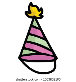 Cute party hat pink and green cartoon vector illustration motif set. Hand drawn for special occassion. Striped pom pom celebration graphics. Birthday web buttons.