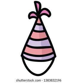 Cute party hat pink and purple cartoon vector illustration motif set. Hand drawn for special occassion. Striped celebration graphics. Birthday web buttons.