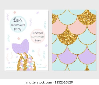 Cute party invitation with mermaid tail, scale pattern and gold glitter elements. Vector hand drawn illustration.