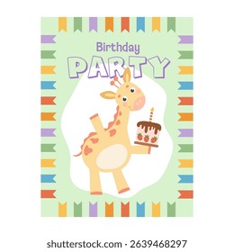  Cute party invitation safari animals template. Colorful and minimalist. Hand-drawn vector illustration in flat style.