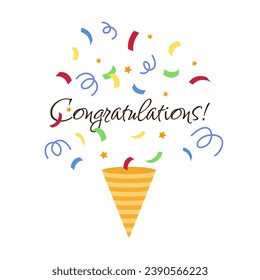 Cute party popper confetti. Congratulations confetti banner. Congrats card with color confetti.