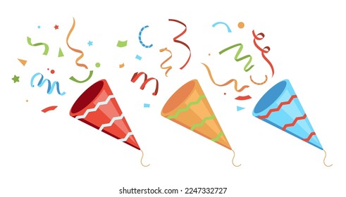 cute party popper confetti set illustration set. confetti isolated, explosion, firecracker, celebration. Vector drawing. Hand drawn style.
