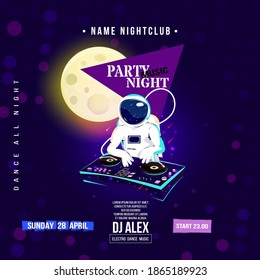 Cute party poster template with astronaut dj. Vector illustration.