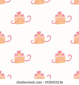 Cute party present seamless pattern with pink gift boxes. Pattern for fabric and surface texture design