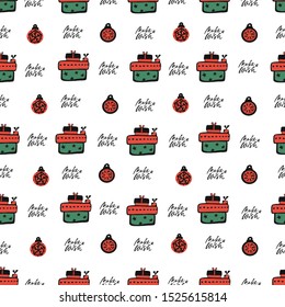 Cute party presents seamless pattern. vector illustration. hadnd drawn. lettering make a wish on white background.