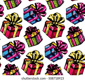 Cute party presents seamless pattern. Hand drawn present box with bow and ribbon.
