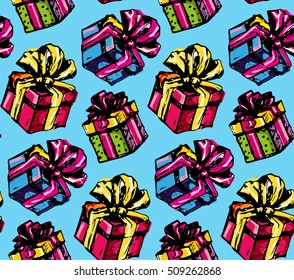 Cute party presents seamless pattern. Hand drawn present box with bow and ribbon.