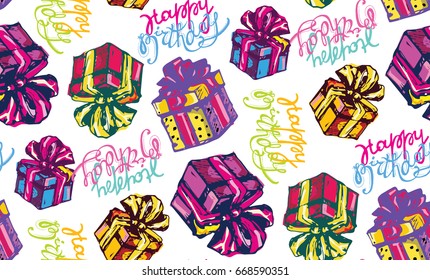 Cute party presents seamless pattern. Hand drawn present box with bow and ribbon.
