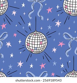 Cute party seamless pattern with disco ball and bows. Vector illustration for party wrapping paper. Preppy disco ball in cartoon style. Funny sparkle repeat print design or poster. 