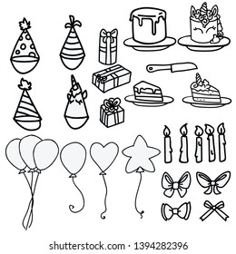 Cute party supply line art cartoon vector illustration motif set. Hand drawn party hat, present, unicorn cake and balloon. Pastel celebration candle and bow graphics. Monochrome web buttons.